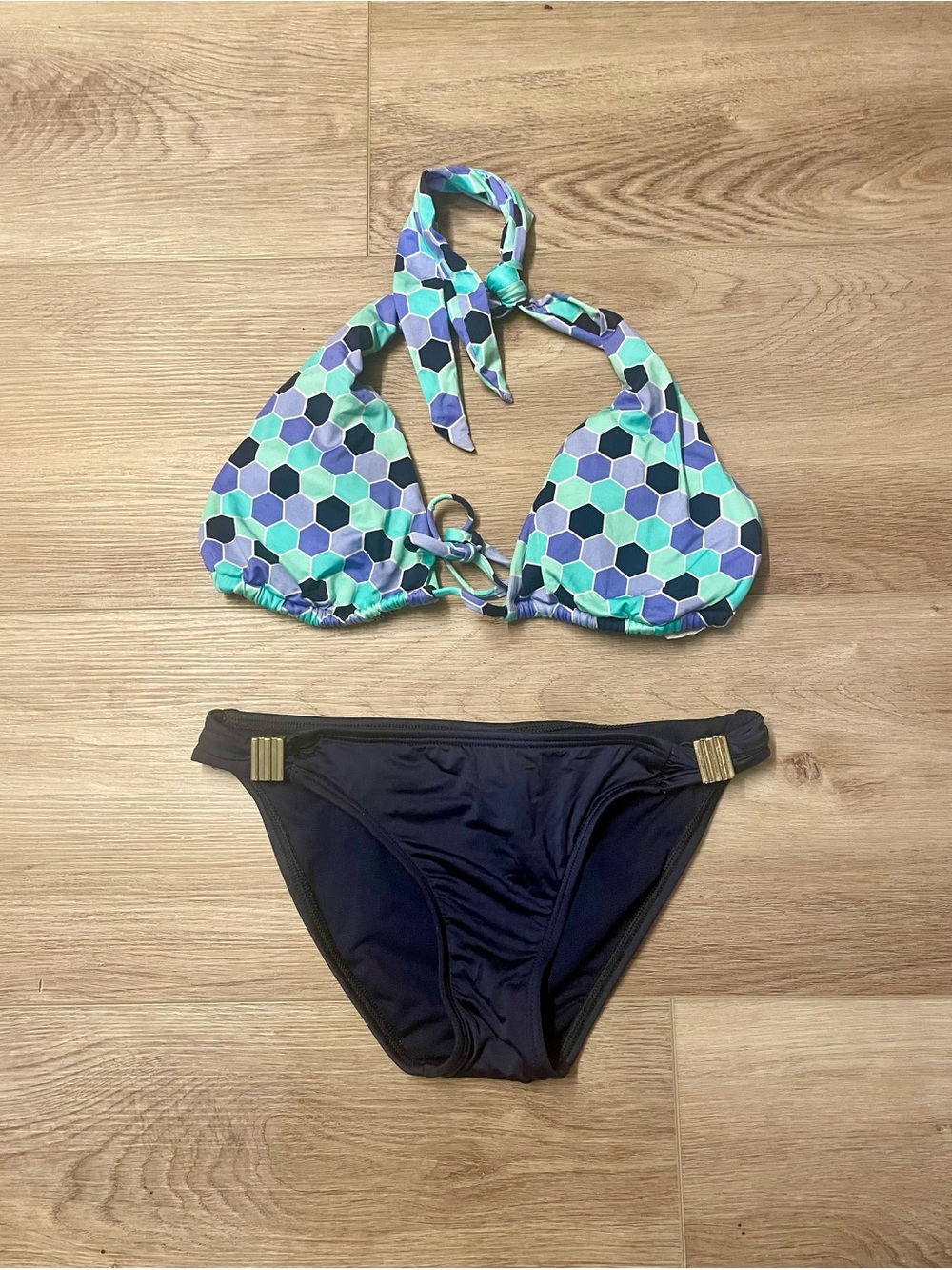 Bar III Two-Piece Halter Bikini in Aqua, Teal & Navy Hex Print